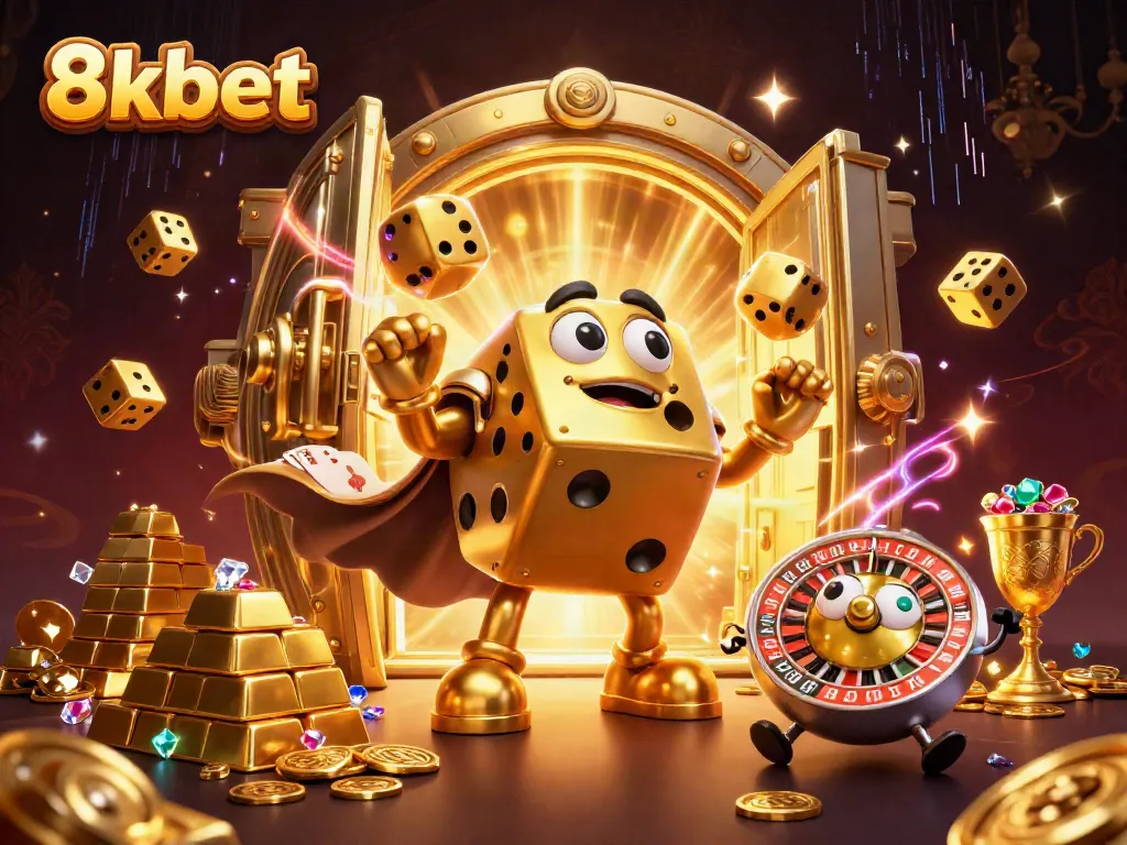Engage with 8xbet's thrilling games featuring golden dice golem, treasures, and vibrant casino elements.