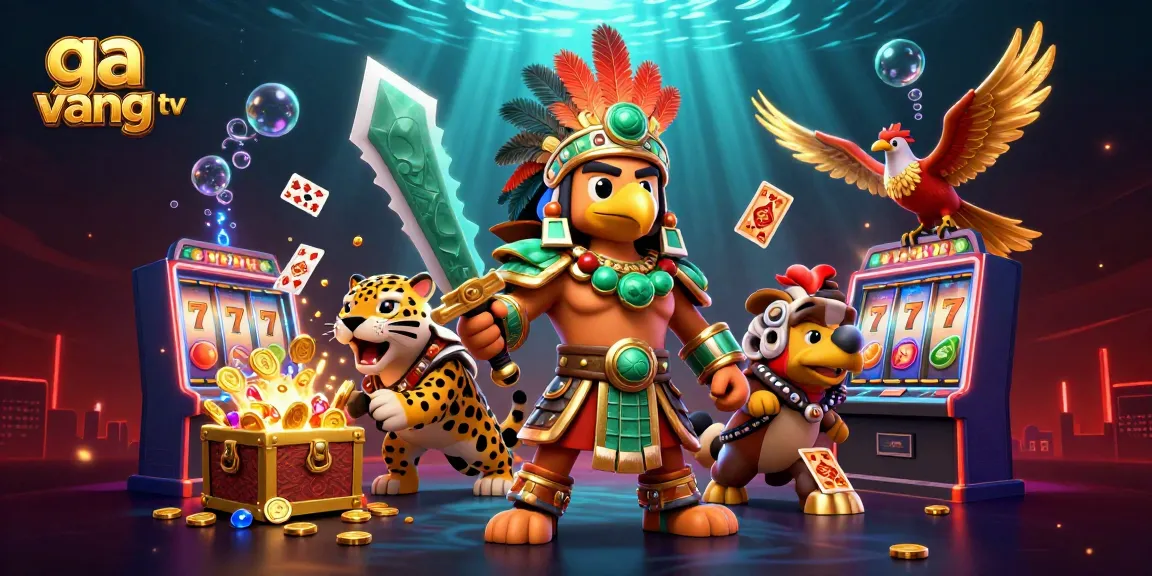 Spin to win with ga vang tv in a vibrant casino scene featuring Aztec warriors and treasures.
