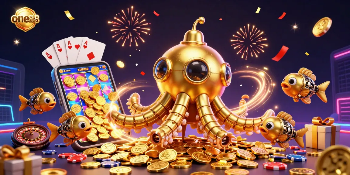 Experience thrilling gameplay with one88's lively slot scene featuring golden coins and festive fireworks.