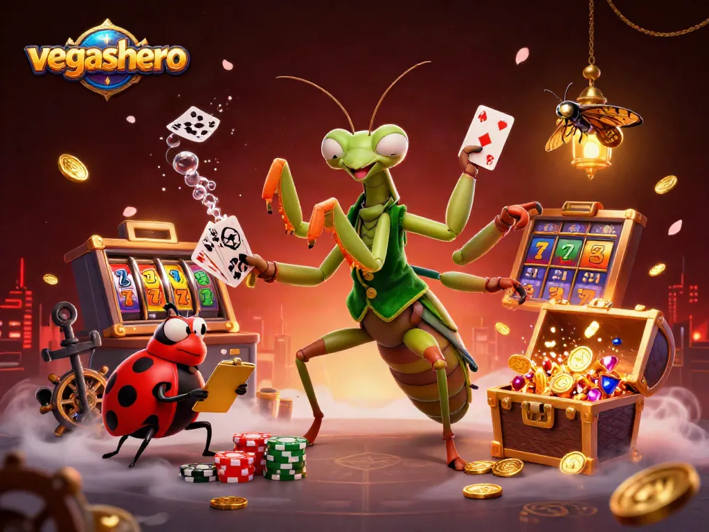 Experience vegashero's thrilling casino atmosphere with vibrant characters and slot games.