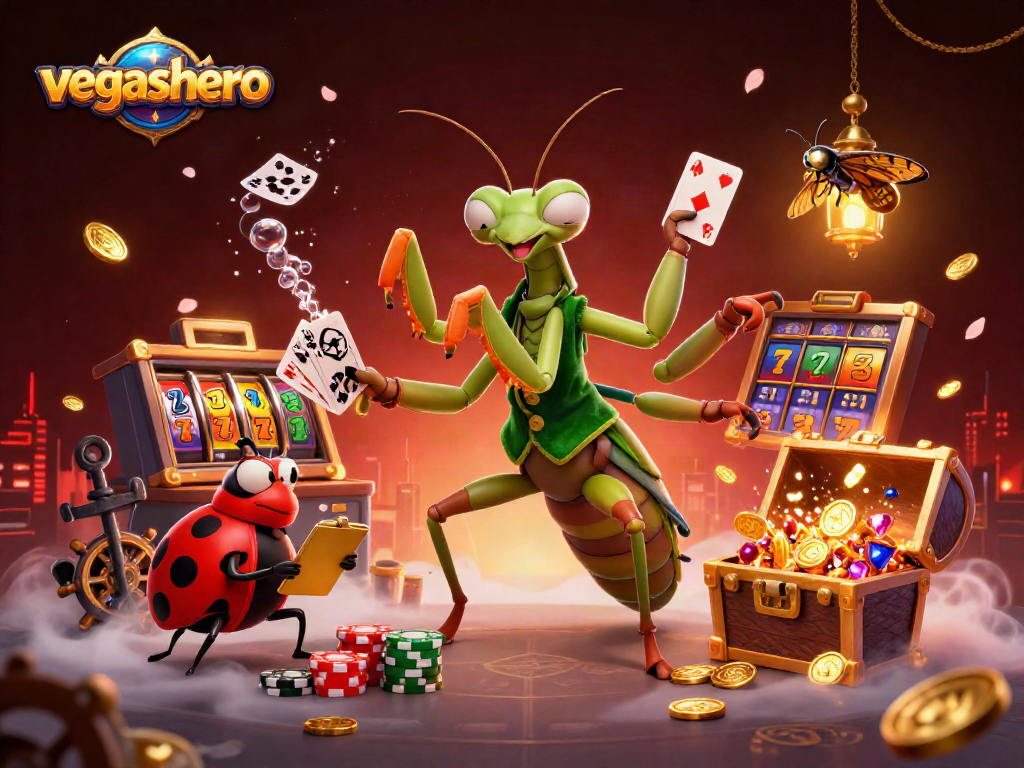 Experience vegashero's thrilling casino atmosphere with vibrant characters and slot games.