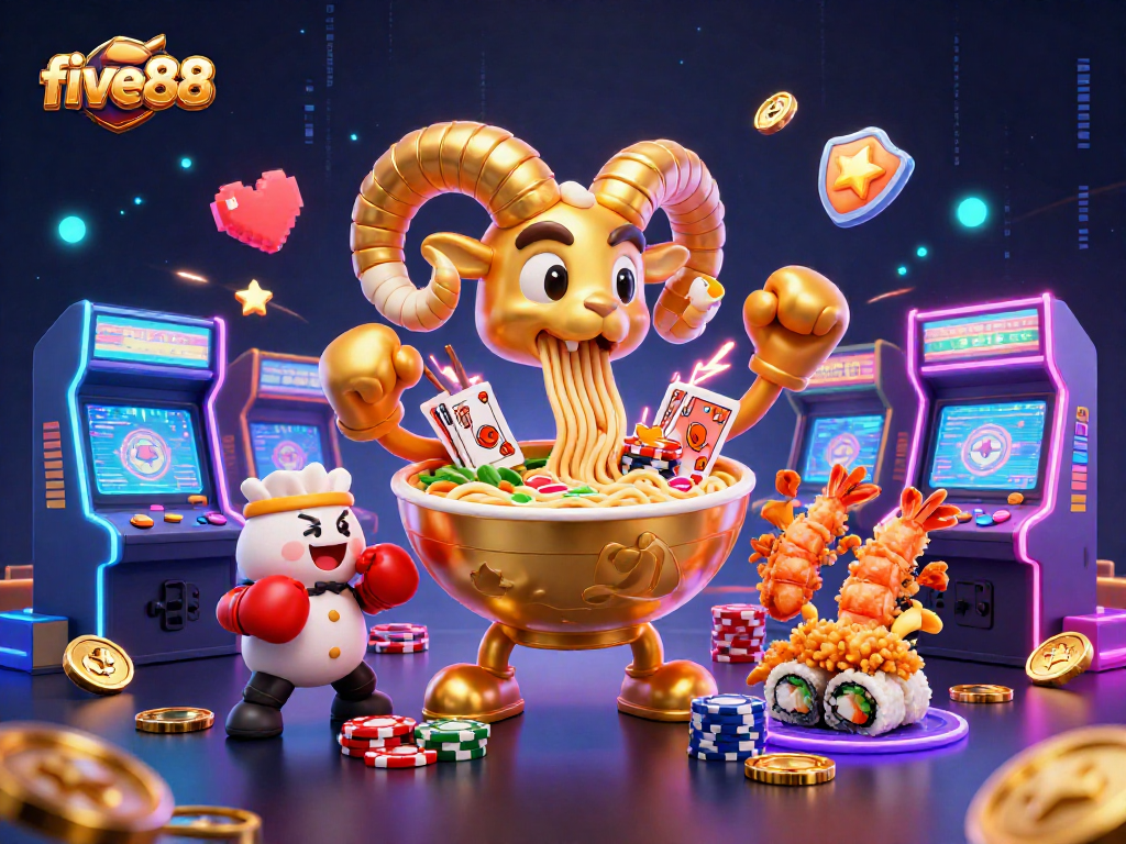 Experience five88's vibrant casino gaming world with a giant ramen bowl dealer and dynamic characters.