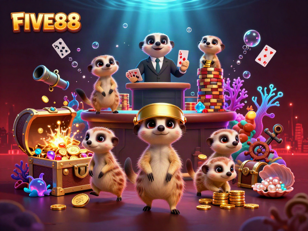 FIVE88 meerkats managing an exciting casino scene filled with treasure and light.