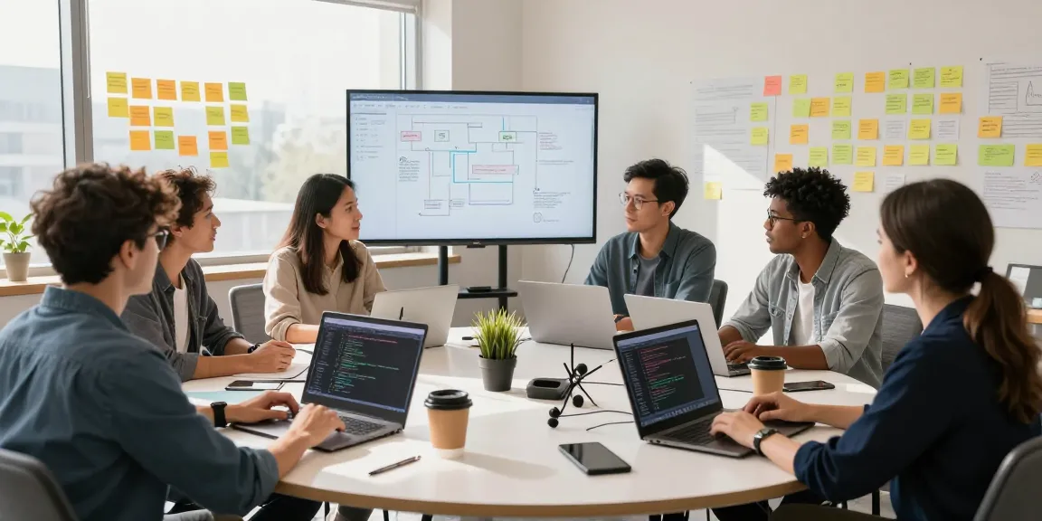 Collaborative team discussing ChatGPT alternatives in a vibrant tech office.