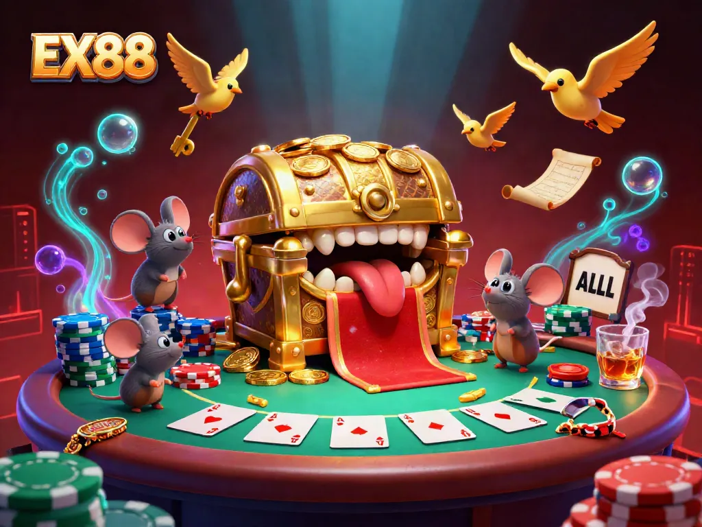 Engage with the thrilling EX88 poker adventure featuring golden treasure and vibrant casino elements.
