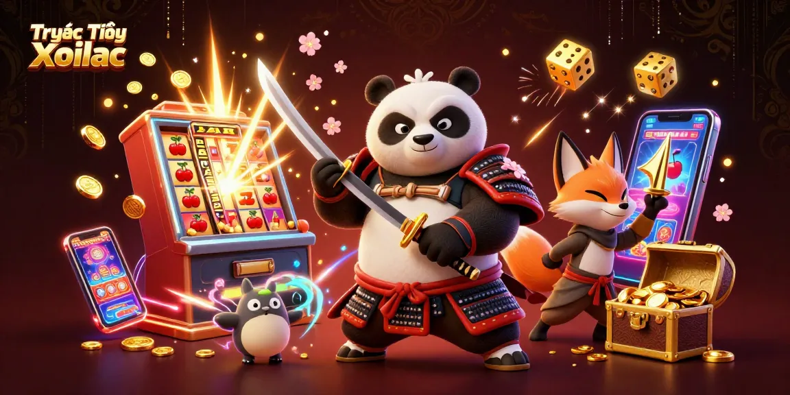 Experience Trực Tiếp Xoilac with a vibrant 3D casino scene featuring samurai panda and ninja elements.