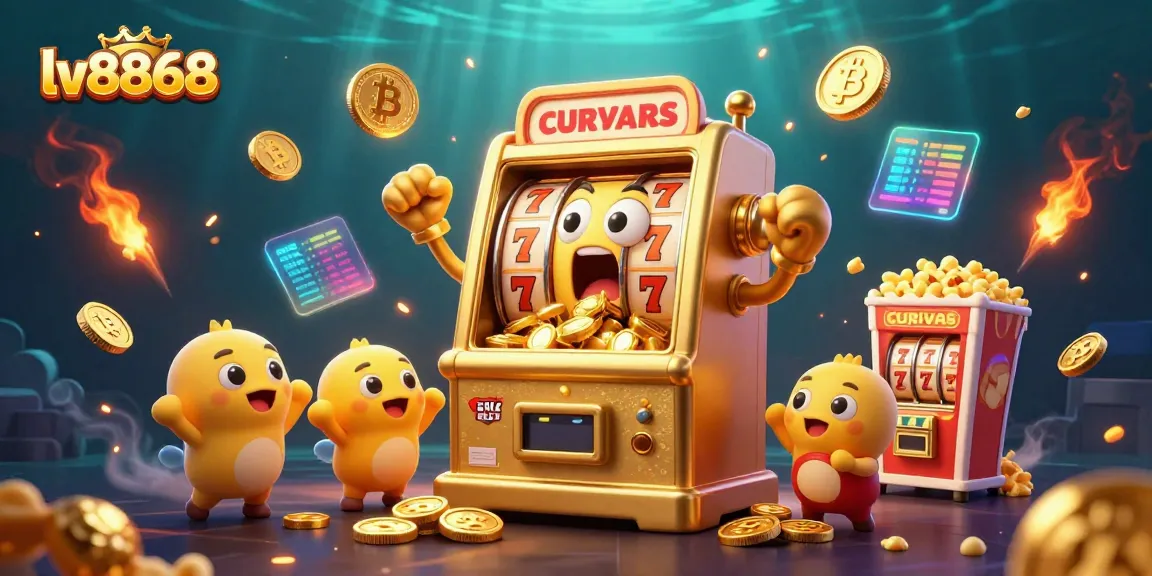 Experience thrilling slots like lv8868 with a cartoon golden slot machine hitting a jackpot, surrounded by cheering machines.