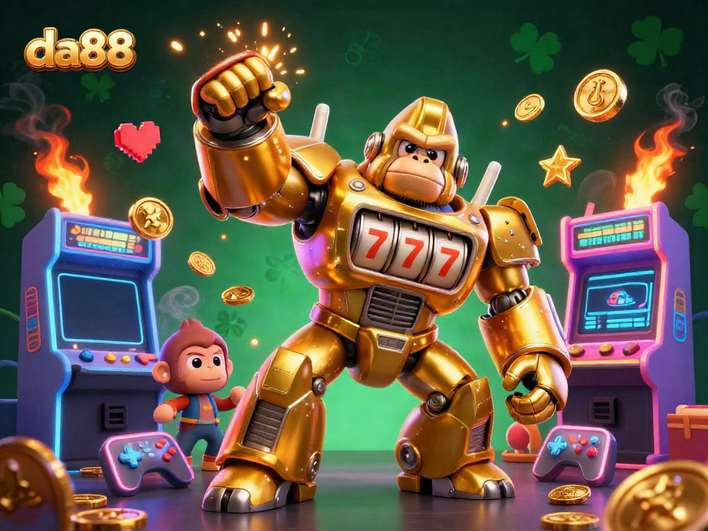 Experience thrilling slots with da88's gaming adventure featuring a golden gorilla mech and vibrant arcade games.