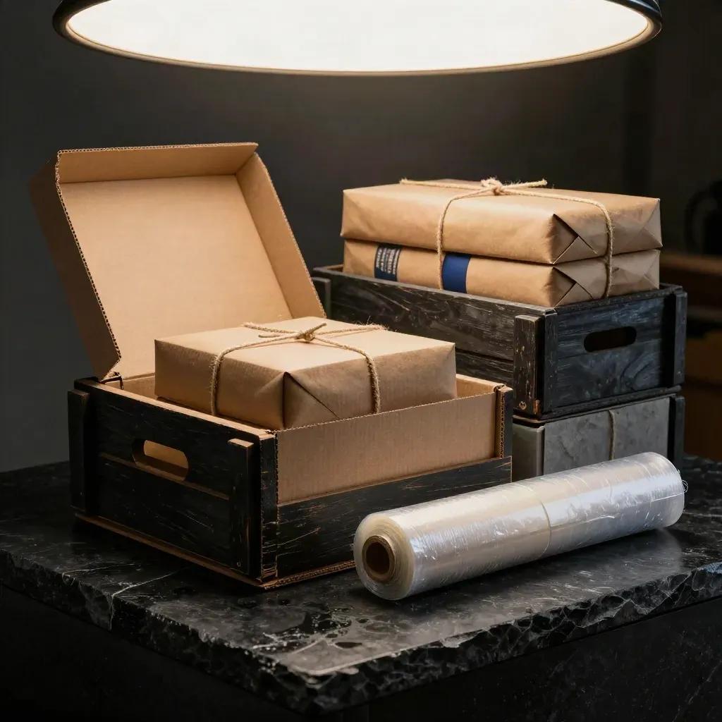 Stapel voorraadkratten met open samplekoffer, kraftbundels en wikkelrol op donkere steen.