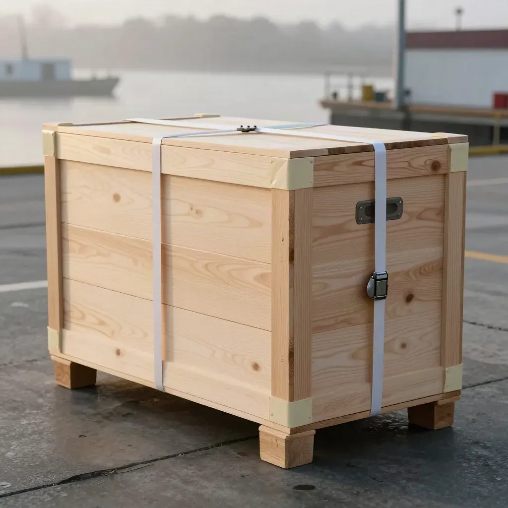 Exportbundel met houten kratten, witte spanband en routeblok bij laadperron.