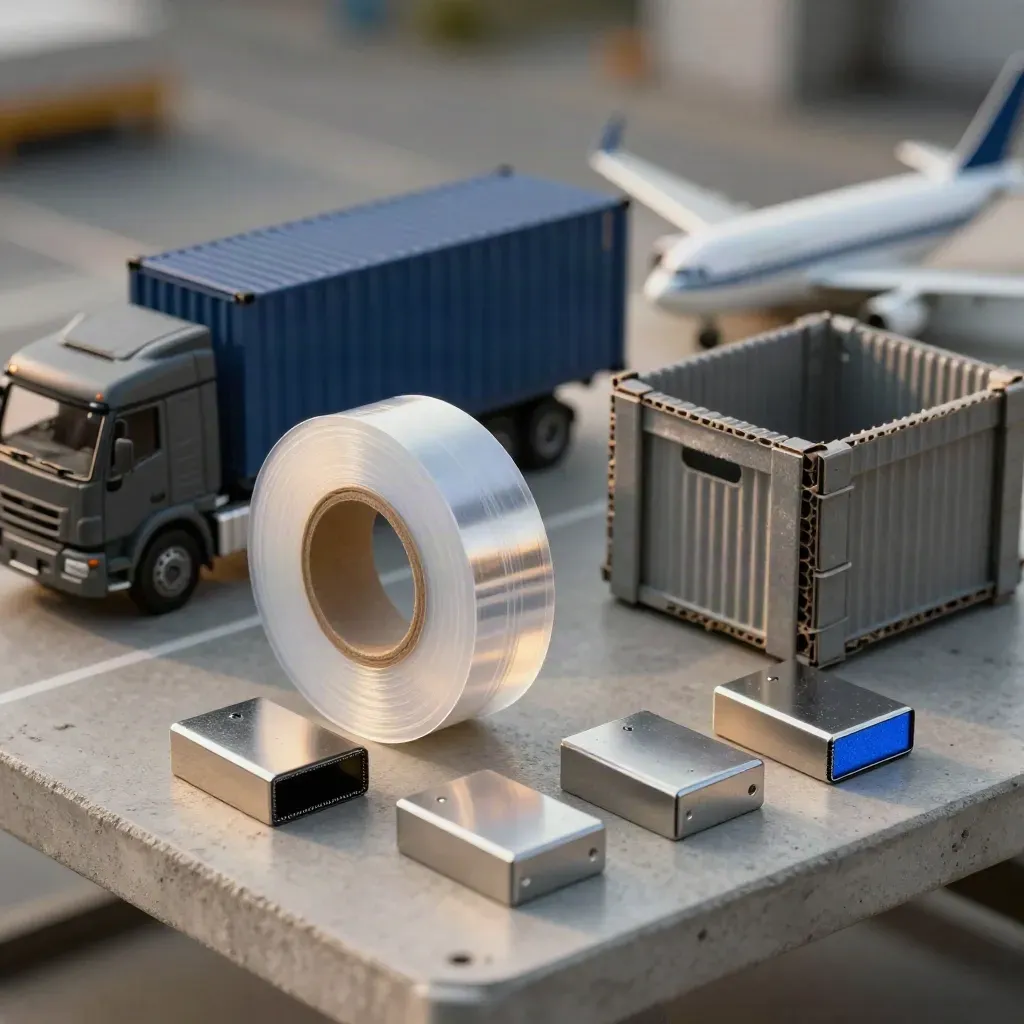 Macro van logistieke miniaturen, folie, kist en metalen hoekstukken op koel beton.