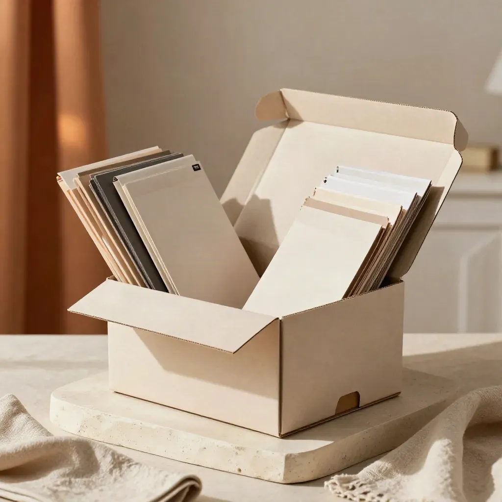 Open samplebox met stalen en zachte mailers op lichte steen