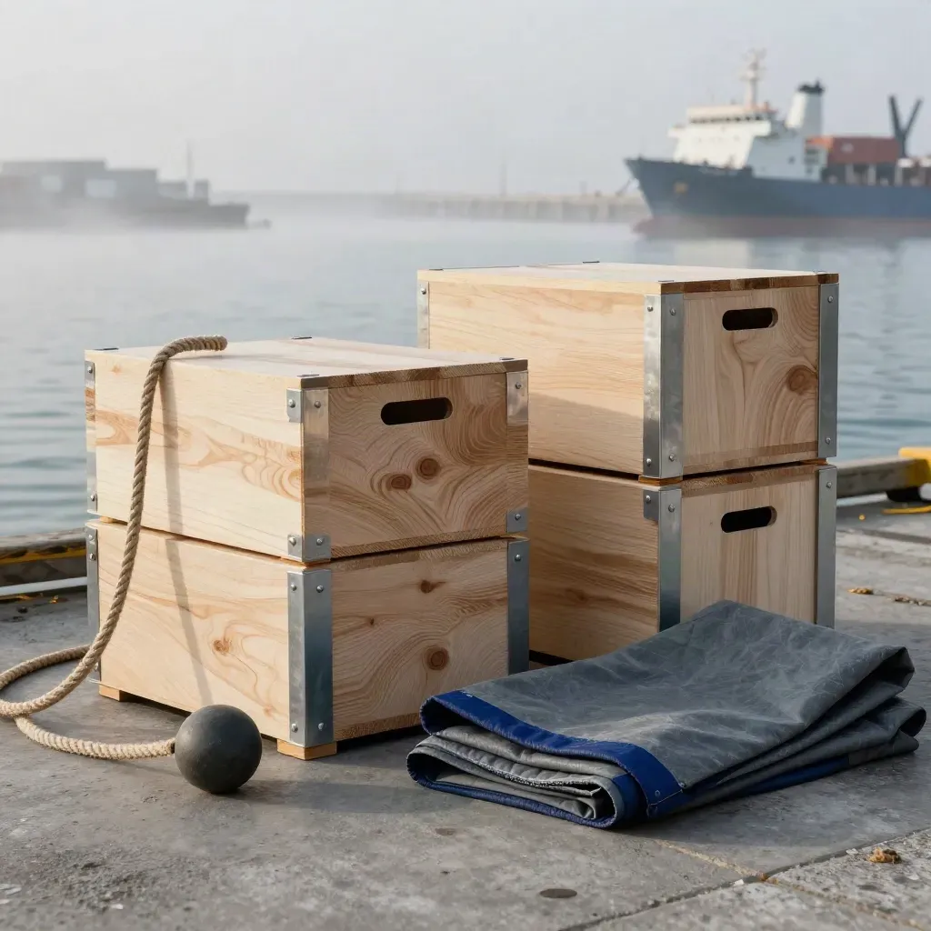 Zeevrachtplan met kratten, touw, zeil en ballastgewicht in koele havenmist