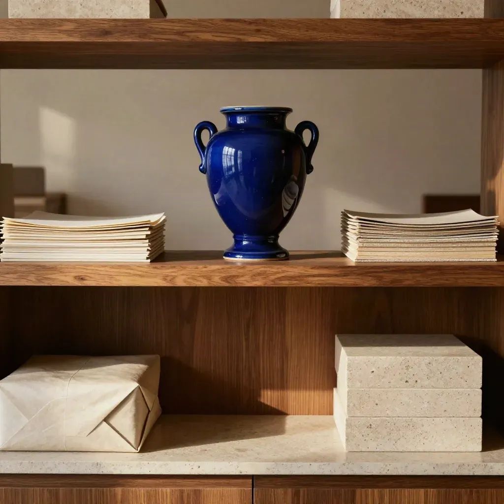 Sfeervol importshowroom met travertin ledge, houten planken en kobaltblauwe urn in zacht licht.
