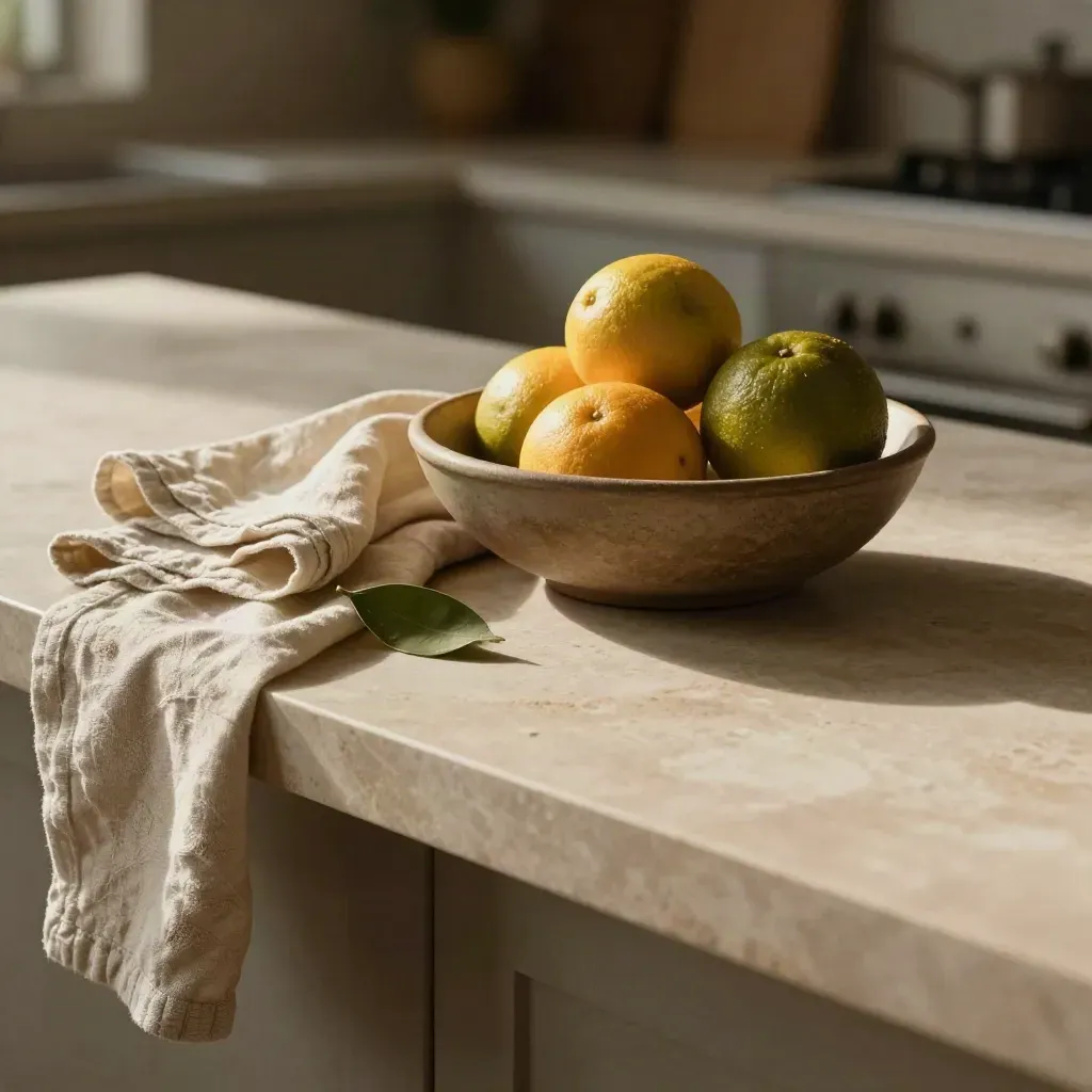 Pale stenen foodstilleven met linnen, schaal en citrusblad in warm daglicht.