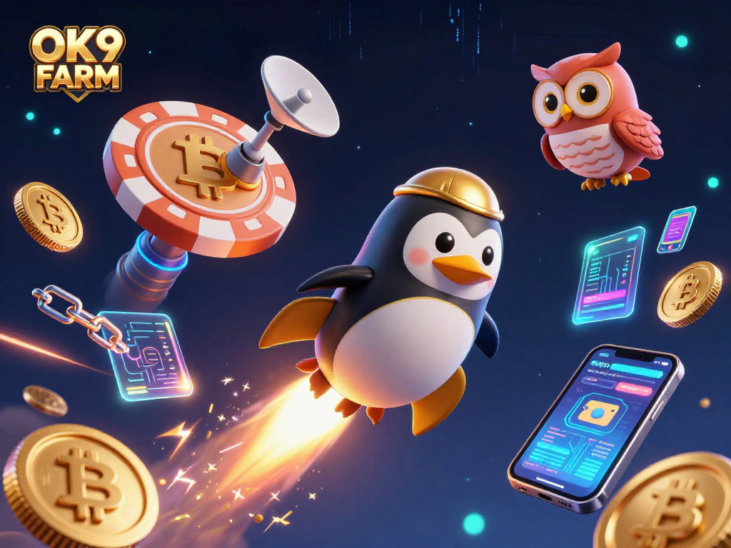 Engage in thrilling gaming at OK9 FARM with vibrant cosmic casino imagery and sparkling elements.