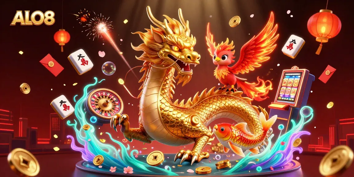 Join the excitement at ALO8 with this vibrant illustration of a golden dragon, phoenix, and koi fish.