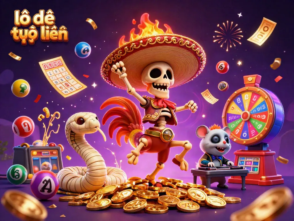 Engaging scene of colorful characters celebrating lô đề trực tuyến with dynamic lottery elements and festive atmosphere.