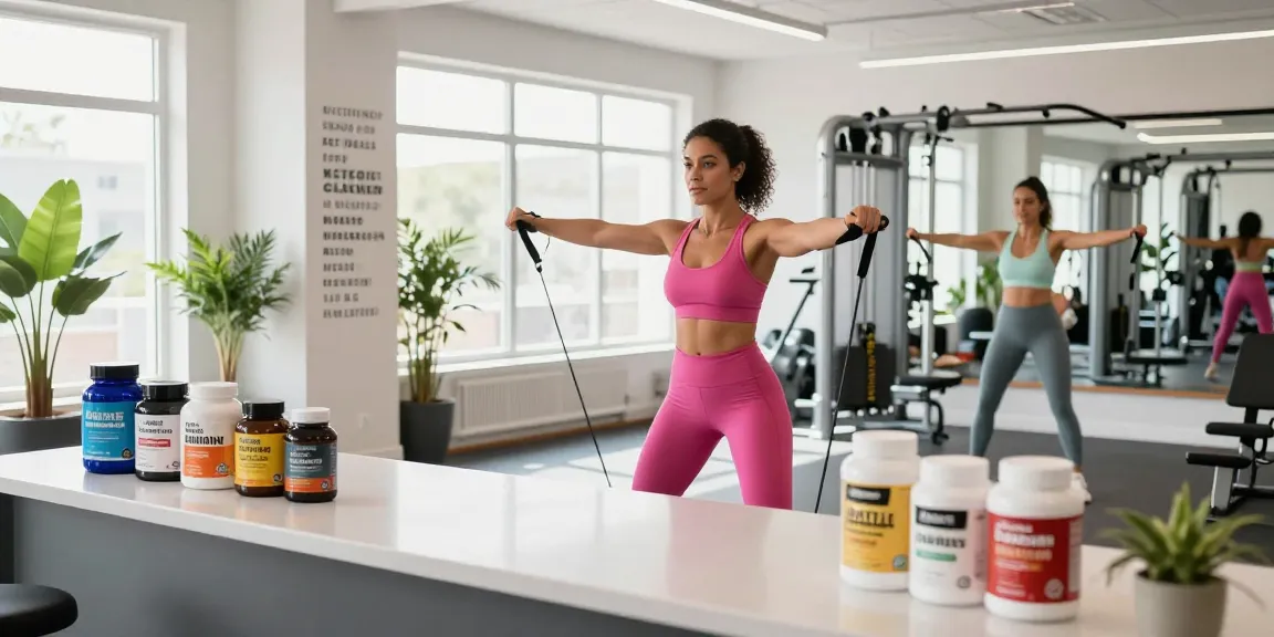 Dynamic fitness scene at https://biolabshop.nl/ showcasing athletic woman exercising with supplements