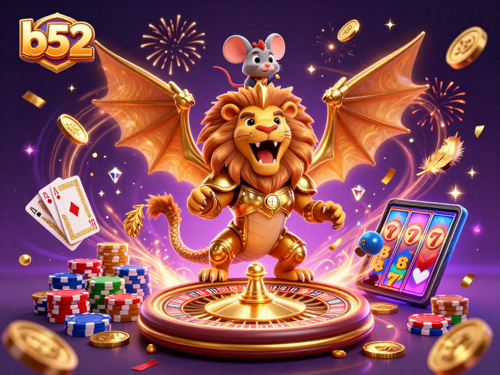 B52's thrilling gaming adventure with a unique chimera character amidst a whirlwind of casino excitement.