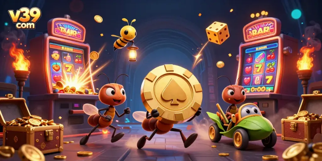 Experience the thrill of gaming with ants heist carrying a giant poker chip at v39 com.