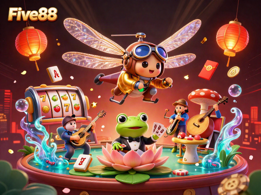 Engaging Five88 casino scene with a dragonfly pilot, frog dealer, and jazz musicians in vibrant 3D illustration