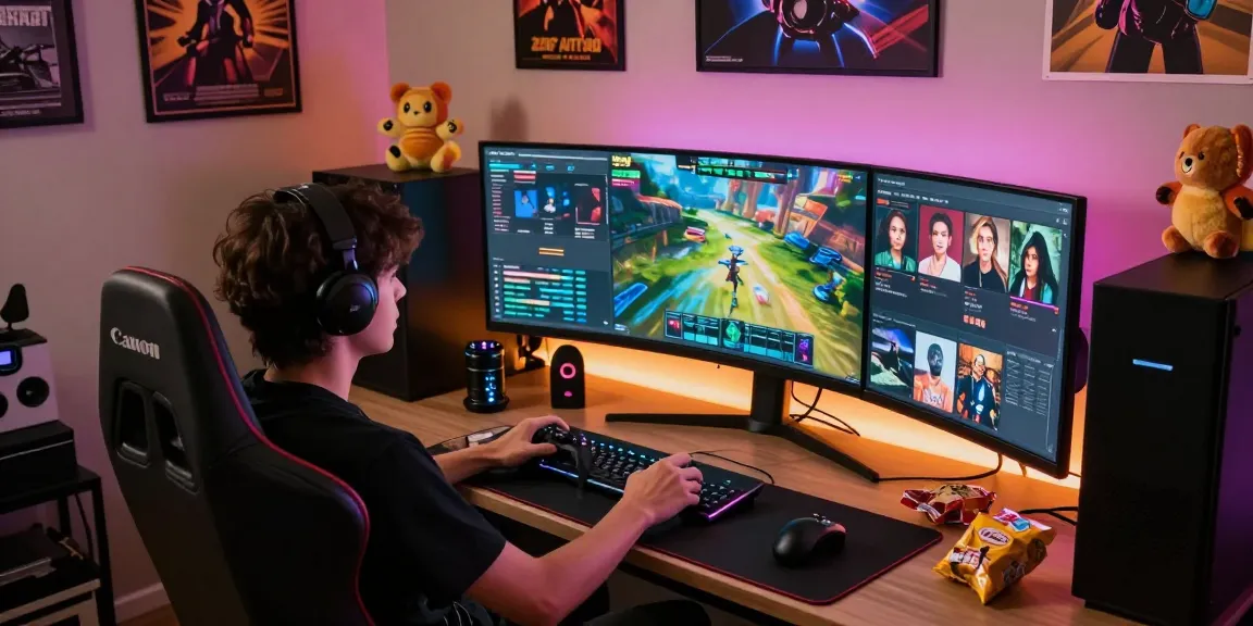 Tisu4d dalam dunia gaming digital yang futuristik, gamer berfokus pada permainan online, suasana ceria dan mendebarkan.