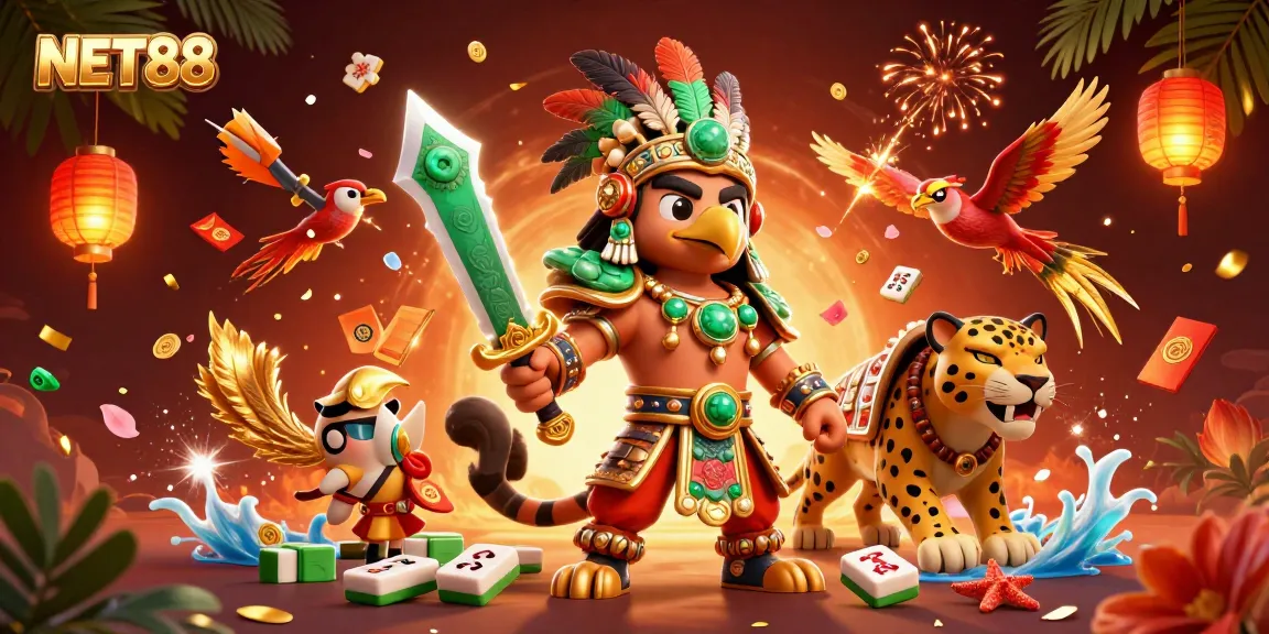 Engage in exhilarating gaming with NET88 in this vibrant 3D illustration showcasing fortune elements.