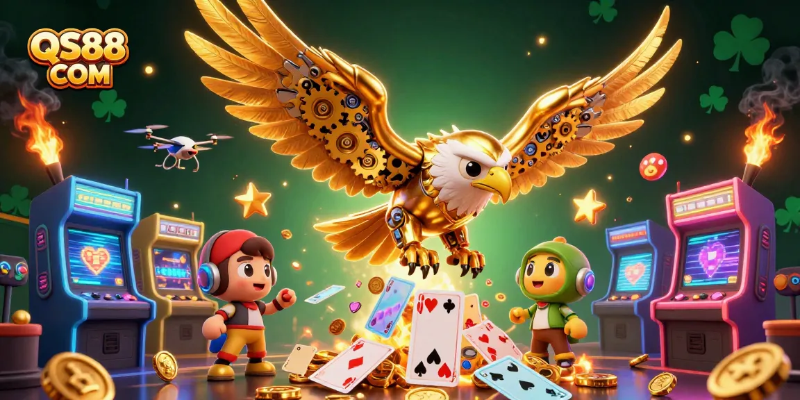 Engaging gameplay at QS88 COM with golden eagle amidst holographic cards and vibrant gaming elements.
