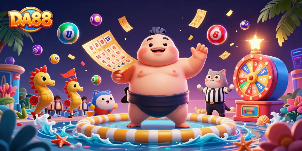 Engage in the excitement of DA88 as colorful lottery balls and prizes fill the vibrant underwater casino scene.