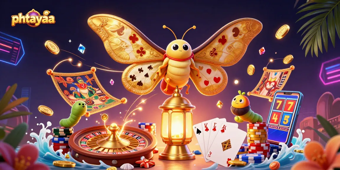 Phtayaa captivates with dynamic casino elements featuring a moth, coins, and rich gaming visuals.