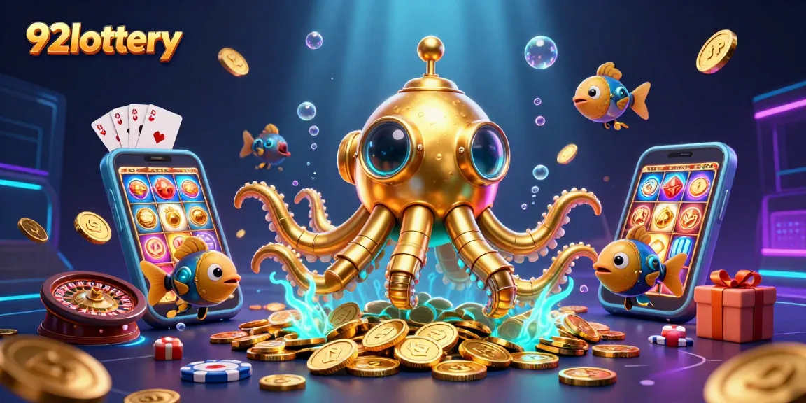 Engage in thrilling games at 92lottery with a vibrant depiction of a kraken submarine in a sea of coins and multiple slot games.