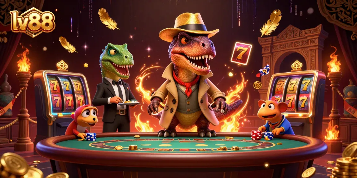 lv88 showcases a velociraptor card counter at a vibrant blackjack table amidst exciting gambling elements.