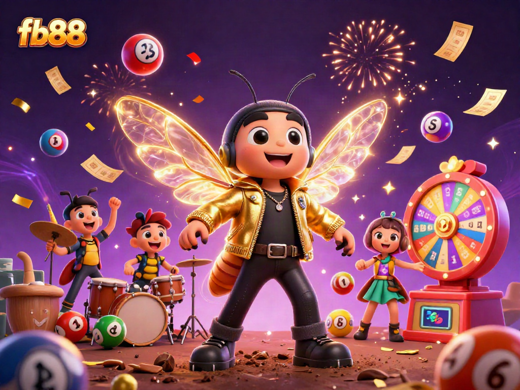 Experience the vibrant world of fb88 with a thrilling lottery scene featuring energetic characters and colorful game elements.