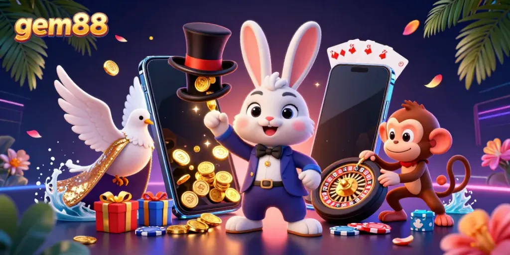 Experience the thrill of gem88 with a dynamic illustration of a magician rabbit, dove, and monkey in an exciting casino scene.