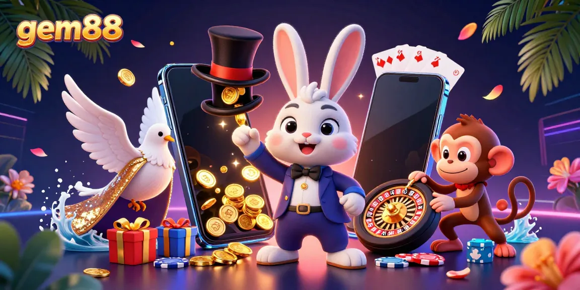 Experience the thrill of gem88 with a dynamic illustration of a magician rabbit, dove, and monkey in an exciting casino scene.