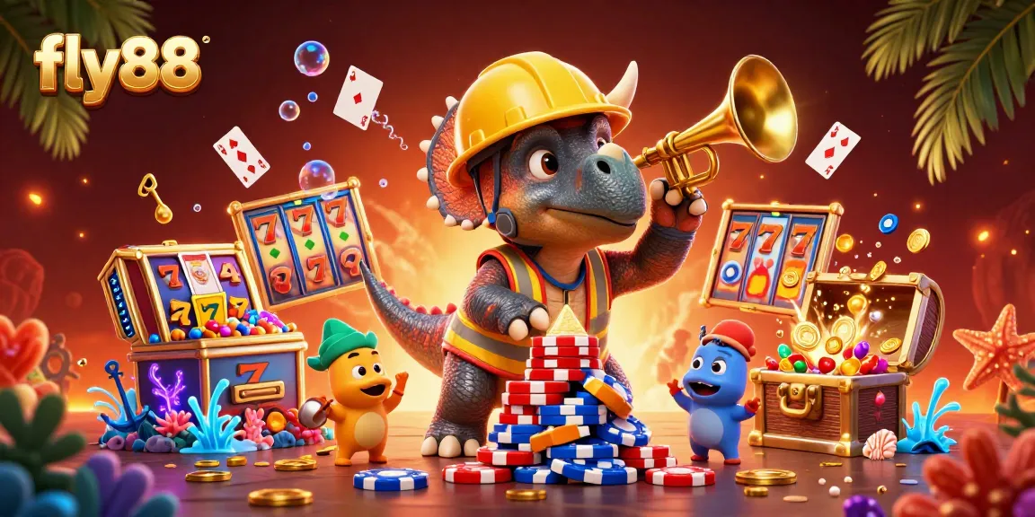 Fly88 players cheer as the triceratops builds a jackpot, celebrating with vibrant casino elements.
