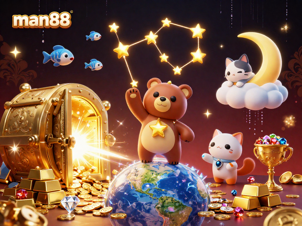 Engage with man88's vibrant casino universe featuring a constellation bear and treasure.