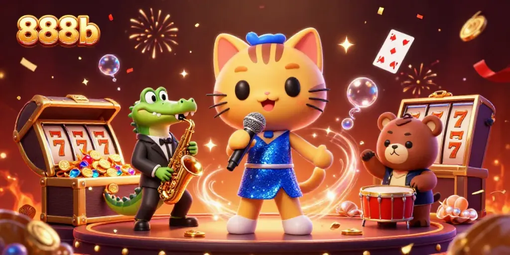 Experience lively gaming with 888b featuring a vibrant jazz-singer cat, crocodile, and bear in a casino setting.