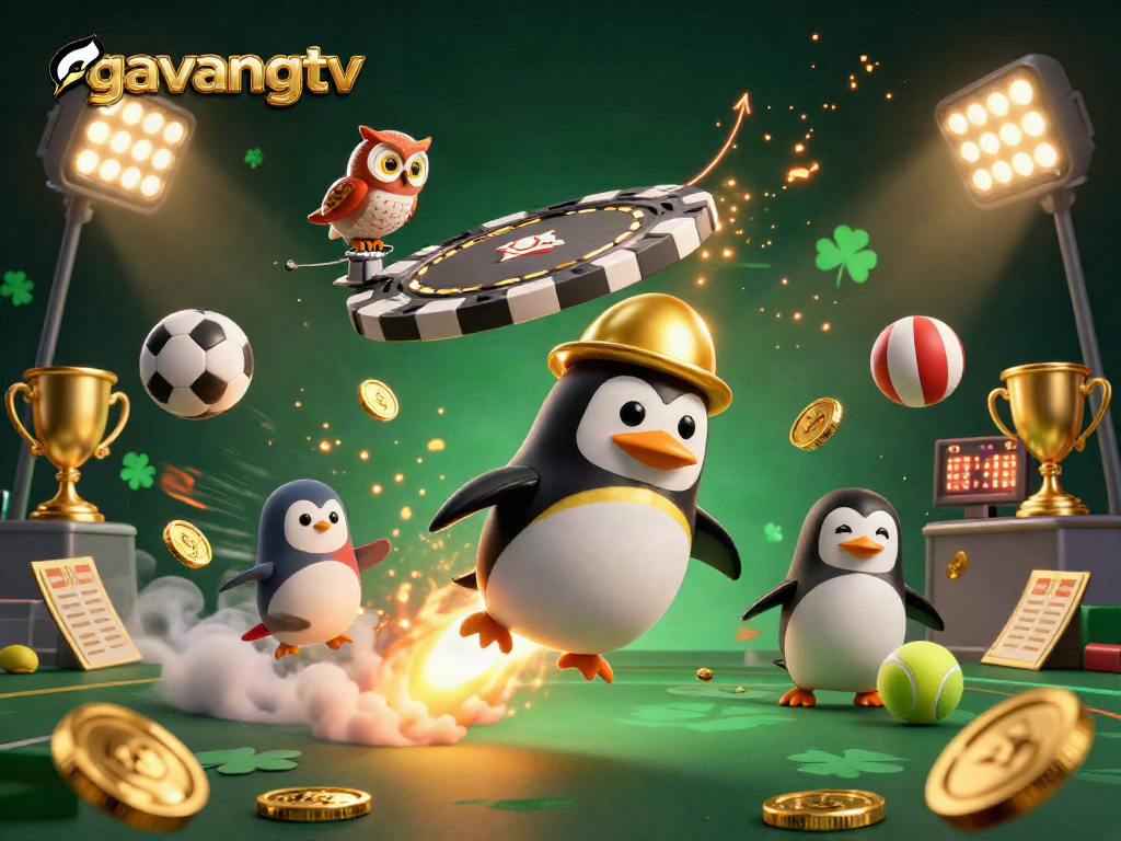 Gavangtv showcases a golden penguin racing toward a poker chip space station, surrounded by sports-themed gambling elements.