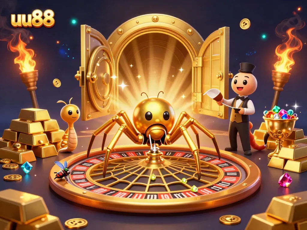 Experience thrilling betting with uu88 as a golden spider spins a roulette wheel web, surrounded by treasure.