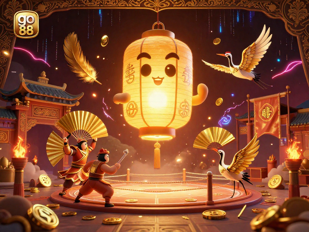 Experience thrilling entertainment with go 88's vibrant casino scene featuring golden lantern spirits and winning symbols.