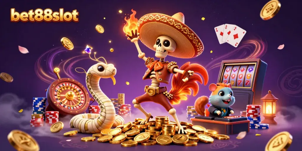 Experience fun with bet88slot characters amidst golden coins and vibrant gaming elements.