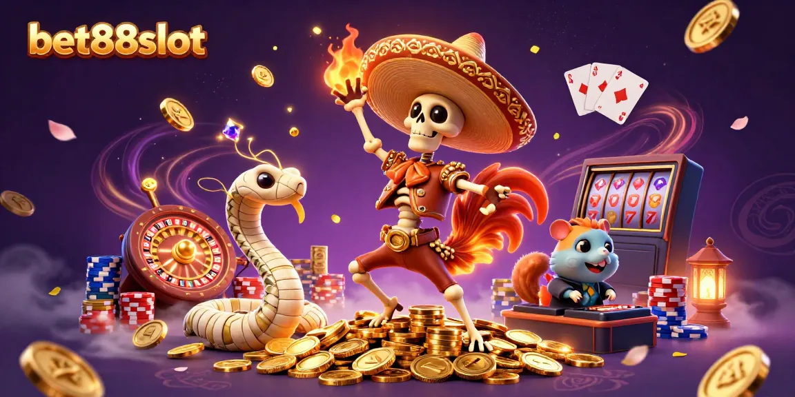 Experience fun with bet88slot characters amidst golden coins and vibrant gaming elements.
