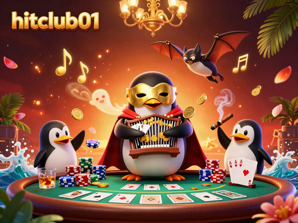 hitclub01 showcases an exciting 3D cartoon scene with a penguin and poker elements in a vibrant casino atmosphere.
