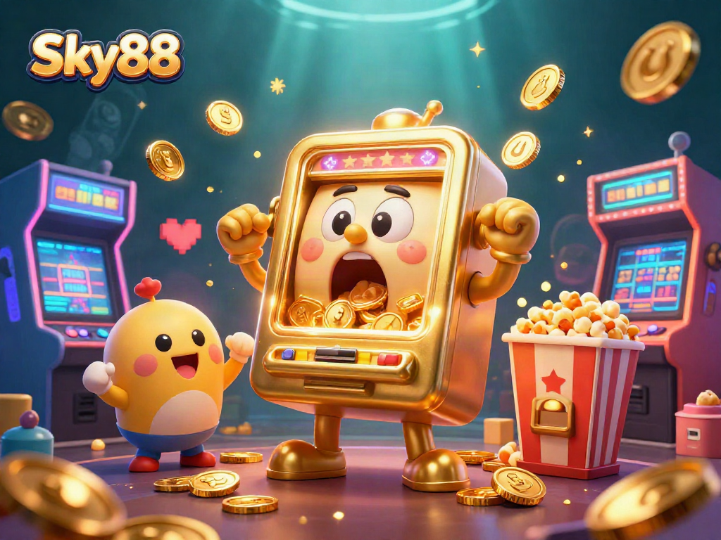 Sky88 slot machine celebrates its jackpot win with golden coins cascading down, creating excitement.