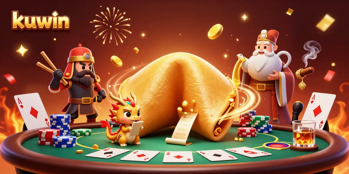 Kuwin's animated casino scene features a golden fortune cookie and poker elements.