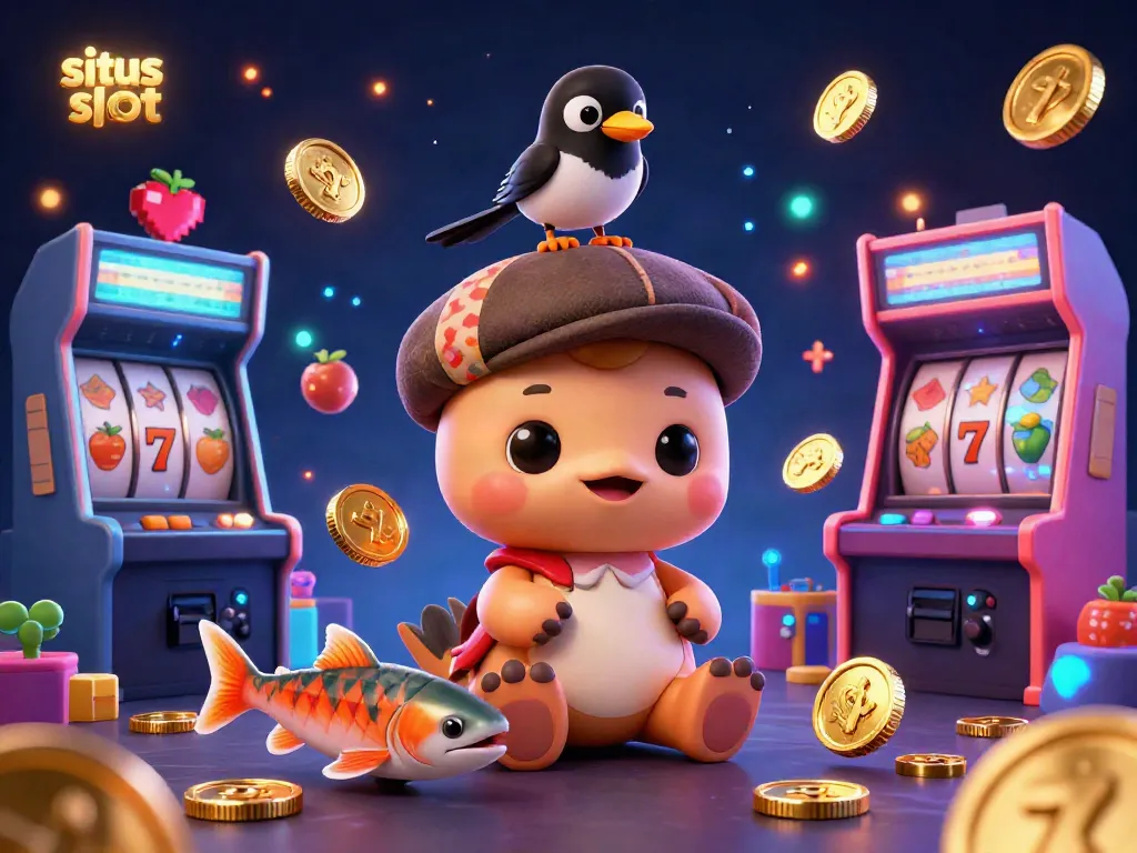 Engage with the vibrant world of situs slot with a cartoon Nessie, magpie, and salmon surrounded by gambling icons.