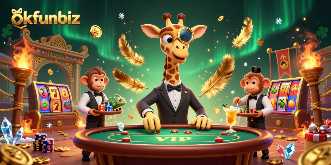 Bet big and win at okfunbiz's vibrant casino scene with lively characters, slot machines, and golden accents.