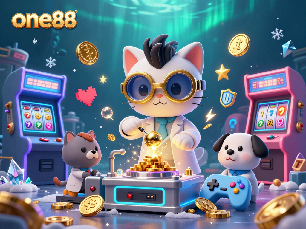 Engage with one88 casino themes in this vibrant 3D illustration, showcasing a mad scientist cat creating wealth amidst arcade games.